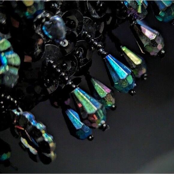 New Black Beaded Sequins Purse Cocktail Long Chain Gold Flower Holiday Event - Picture 6 of 8